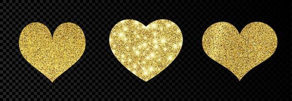 Set of three gold glittering hearts on dark background. Background with gold sparkles and glitter effect. Vector illustration