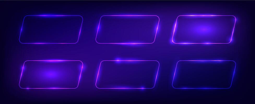 Set of six neon frames with shining effects
