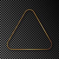 Gold glowing rounded triangle frame with shadow isolated on dark background. Shiny frame with glowing effects. Vector illustration.