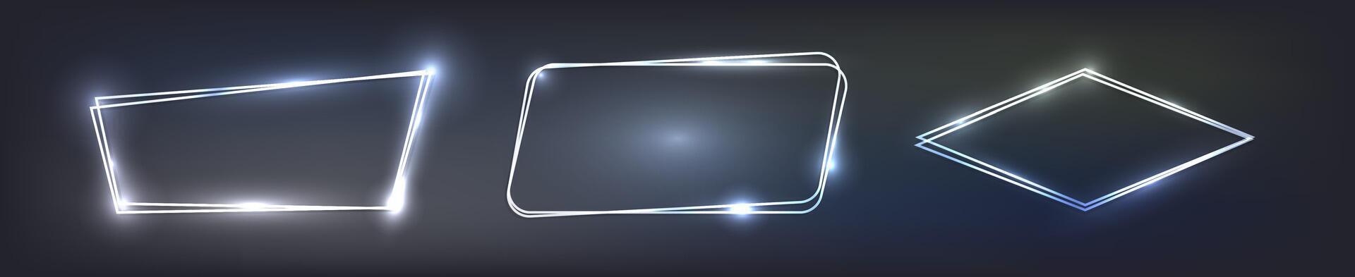 Set of neon double frames with shining effects