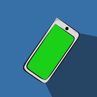 Vector illustration of smartphone front view with green screen isolated on blue background. flat style.