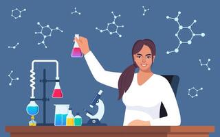 Scientist in chemistry laboratory working on research and exploration. Flasks, vials, test tubes with substance. Lab research, testing, studies in chemistry. Vector illustration.