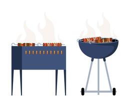 Barbecue equipment. Charcoal and gas kettle BBQ grill equipment different type for meat and sausages cooking outdoor. Home or restaurant appliance. Vector illustration.