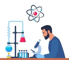 Scientist in chemistry laboratory working on research and exploration. Flasks, vials, test tubes with substance. Lab research, testing, studies in chemistry. Vector illustration.