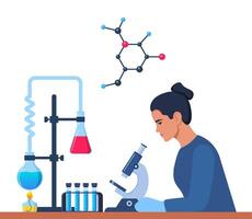 Scientist in chemistry laboratory working on research and exploration. Flasks, vials, test tubes with substance. Lab research, testing, studies in chemistry. Vector illustration.