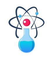 Chemical flask and atom icon. Laboratory experiment symbol, logo. Vector illustration.