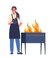 Woman cooking barbecue grill. Barbecue scene. Smiling man holds kebabs. Fry meat on fire. Vector illustration.