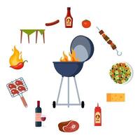 Barbecue equipment, outdoor BBQ picnic elements. Grilled sausages, meat, vegetables, drinks, and food for the summer grill party. Cooking tools and meat. Vector illustration.