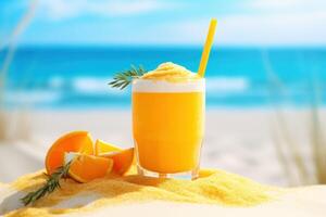 AI generated orange juice in the sand photo