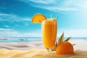 AI generated orange juice in the sand photo