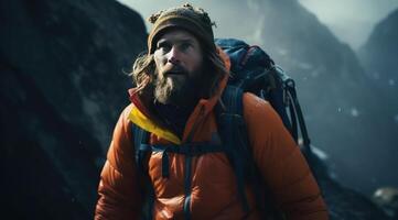 AI generated rugged and tough mountaineer climb to the top of a rocky mountain photo