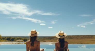 AI generated two happy women at pool looking out photo