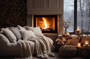 AI generated a couch with knitted blankets sitting next to a fireplace with candles photo