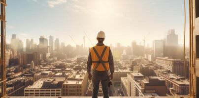 ai generado un construcción trabajador es en pie en un ciudad foto