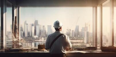 AI generated a man in a hard hat overlooking a building city photo