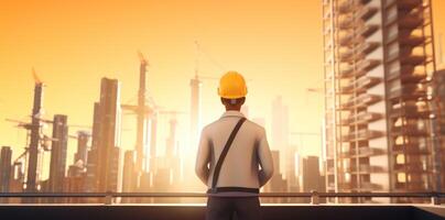 AI generated a man in a hard hat overlooking a building city photo