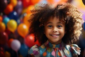 ai generado un pequeño niña es sonriente a un cumpleaños fiesta foto