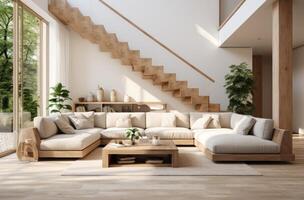 AI generated a living room, with white wall and wooden staircase photo