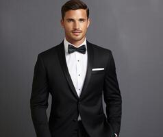 AI generated this tuxedo is black and features a bow tie, whistlerian photo