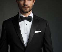 AI generated this tuxedo is black and features a bow tie, whistlerian photo