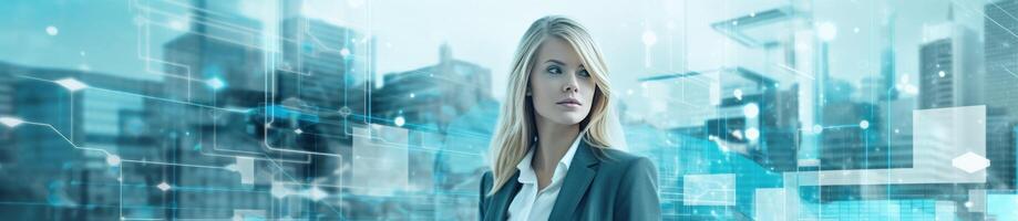 AI generated tech businesswoman in business suit on bright city background, blur texture photo