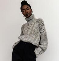 AI generated the london model is wearing a grey, turtle neck sweater with black pants photo