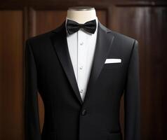 AI generated this tuxedo is black and features a bow tie, whistlerian photo