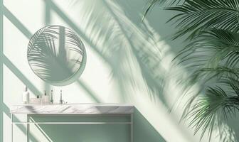 AI generated white vanity table and palm tree wall photo