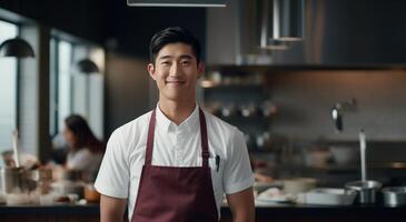 AI generated young asian chef standing in a restaurant photo