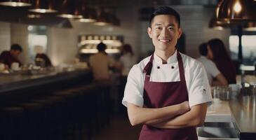ai generado joven asiático cocinero en pie en un restaurante foto