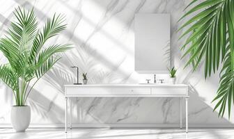 AI generated white vanity table and palm tree wall photo