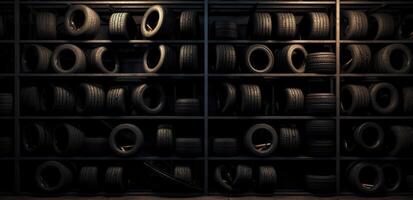 AI generated a black tire rack filled with tires photo