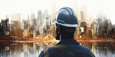 AI generated a man is reflected in a hard hat over the city photo