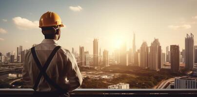 AI generated a man in a hard hat overlooking a building city photo