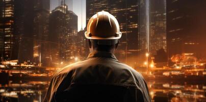 AI generated a man is reflected in a hard hat over the city photo