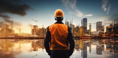 AI generated a man is reflected in a hard hat over the city photo