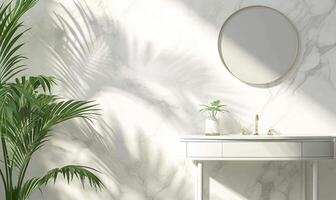 AI generated white vanity table and palm tree wall photo