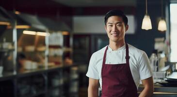 ai generado joven asiático cocinero en pie en un restaurante foto