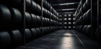 AI generated a black tire rack filled with tires photo