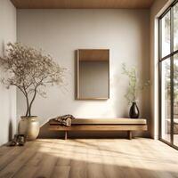 AI generated a modern entryway with wooden floor, brown wooden bench and a large mirror photo