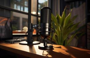 AI generated a microphone sits on a desk in a home office photo