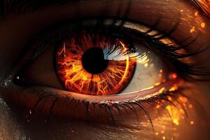 AI generated a woman's eye with fire glowing from inside it photo