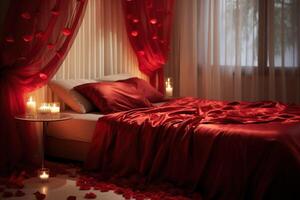 AI generated Red Satin Sheets, Rose Petals, and Twinkling String Lights. photo