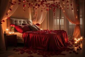 AI generated Red Satin Sheets, Rose Petals, and Twinkling String Lights. photo