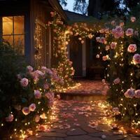 AI generated Rose-petal path, twinkling lights, and sentimental love notes photo