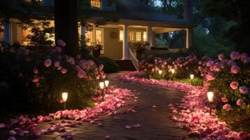 AI generated Rose-petal path, twinkling lights, and sentimental love notes photo