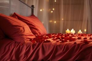 AI generated Red Satin Sheets, Rose Petals, and Twinkling String Lights. photo