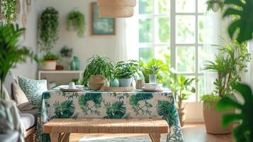 AI generated A dining area transformed into a botanical haven with potted plants, hanging greenery photo