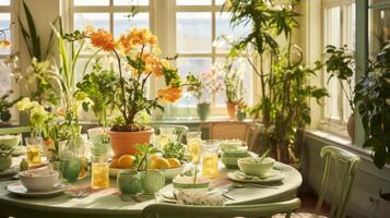 AI generated A dining area transformed into a botanical haven with potted plants, hanging greenery photo