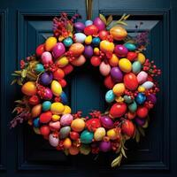 AI generated Wreath of Vibrant Eggs Welcomes Guests at Door photo